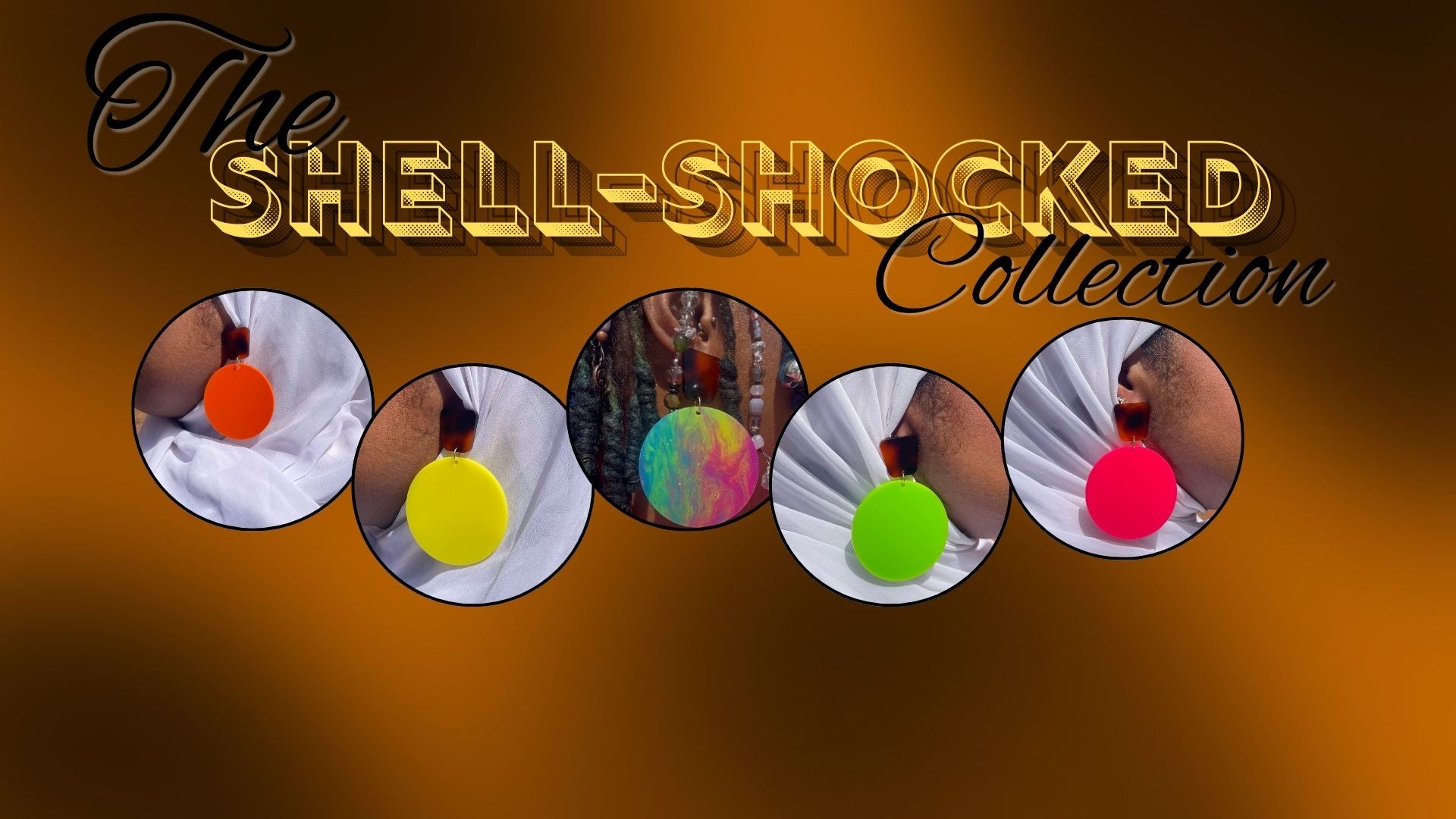 Promotional graphic for 'The Shell-Shocked Earring Collection' with colorful brown tortoise shell and vibrant neon designs on a gradient tortoise background.
