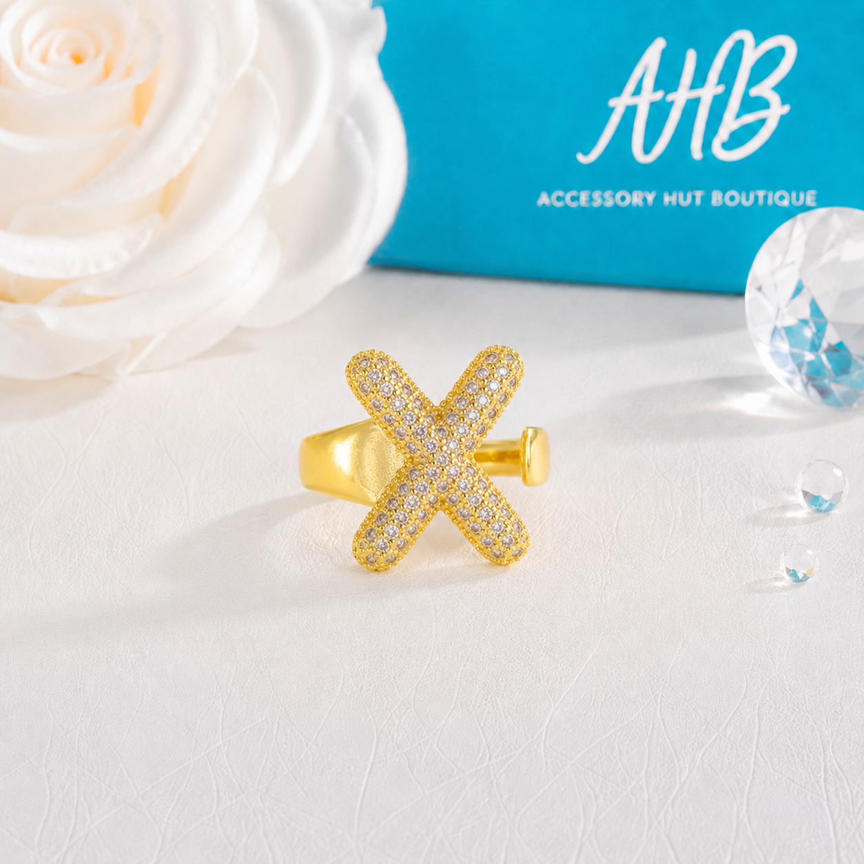 "The Initial Edit" Adjustable Gold CZ Rhinestone Ring