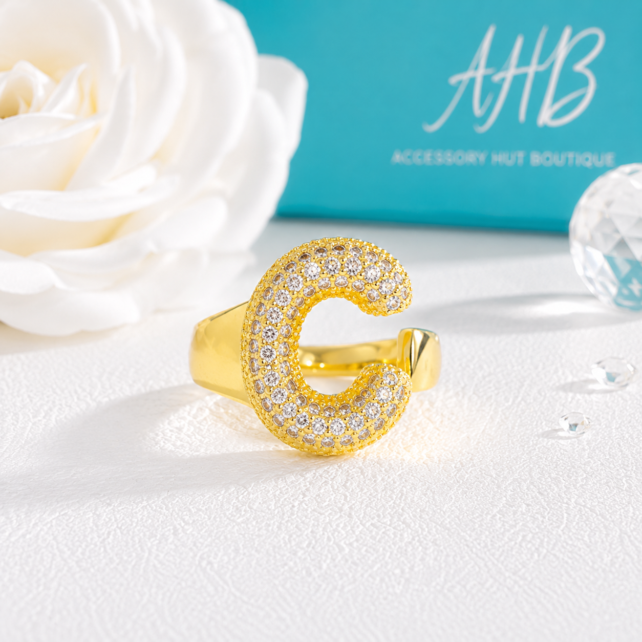 "The Initial Edit" Adjustable Gold CZ Rhinestone Ring
