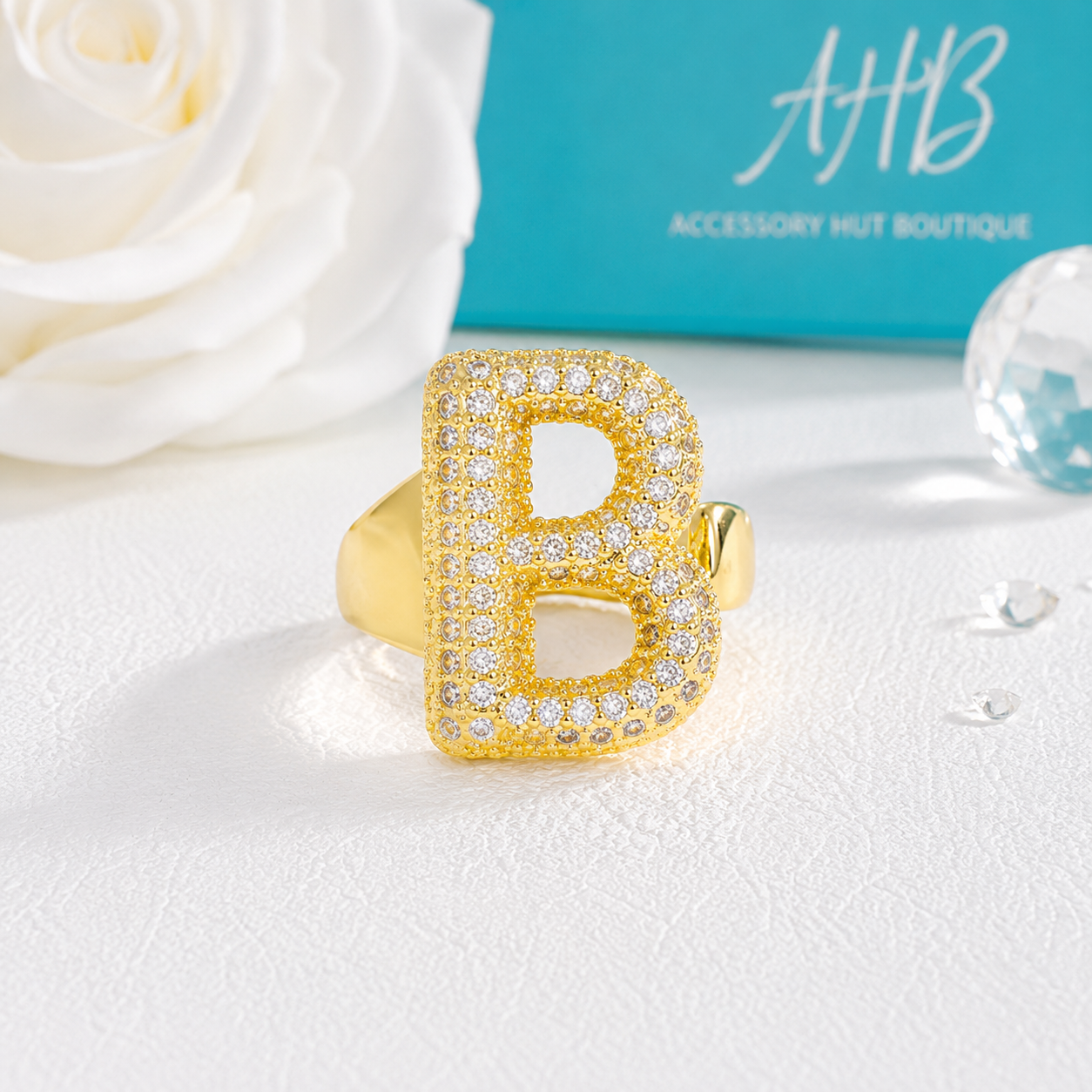 "The Initial Edit" Adjustable Gold CZ Rhinestone Ring