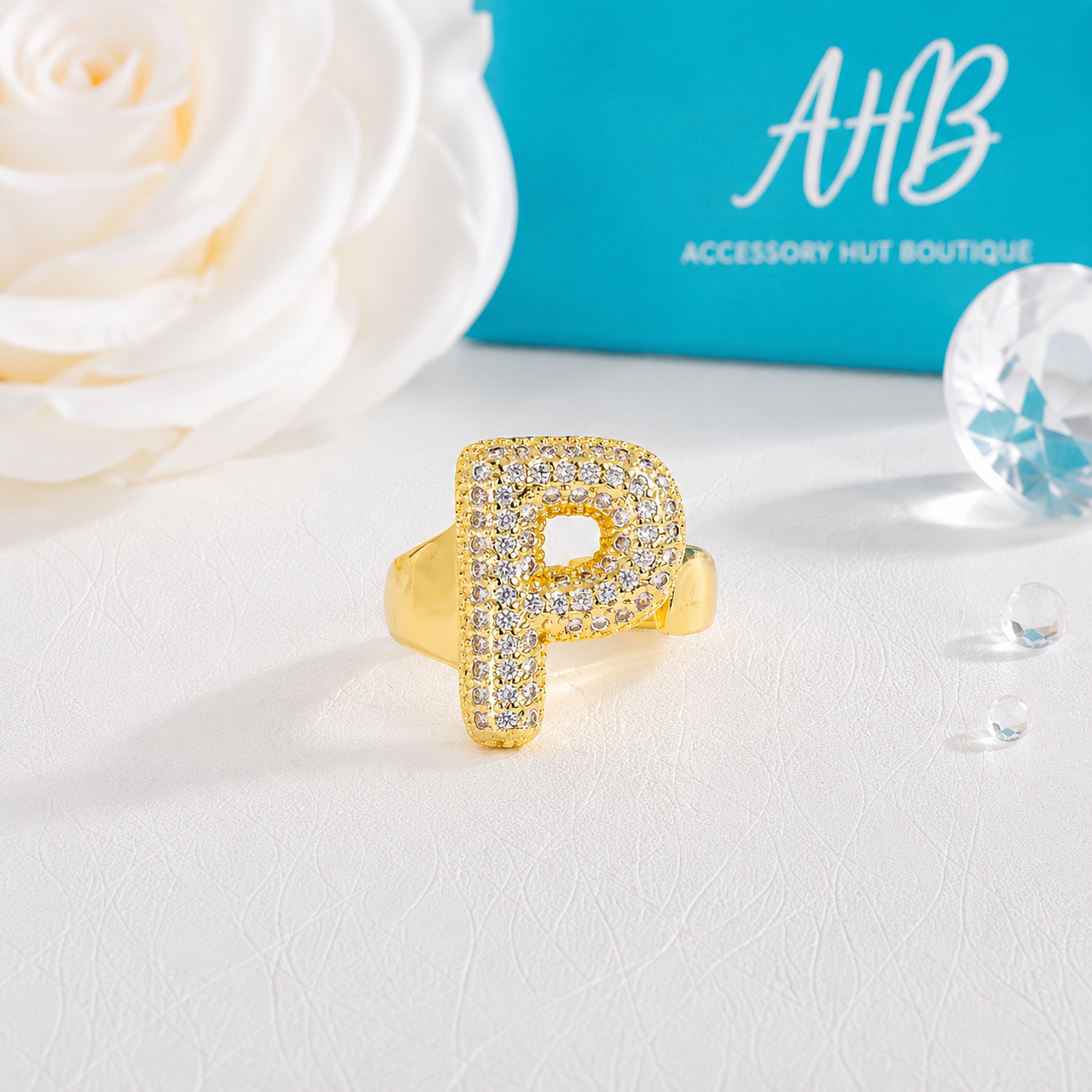 "The Initial Edit" Adjustable Gold CZ Rhinestone Ring